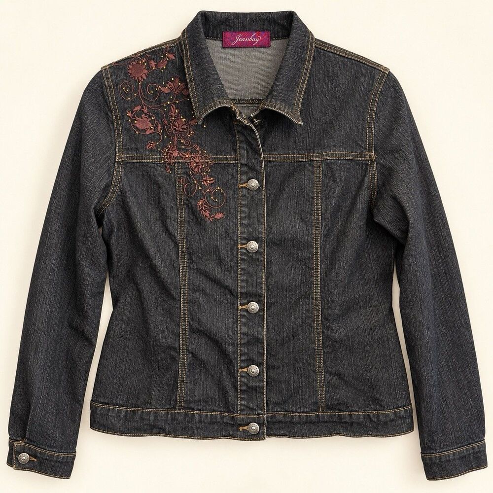 Jeanbay Women’s Black Denim Jacket Large Floral Embroidered Studded Button Front